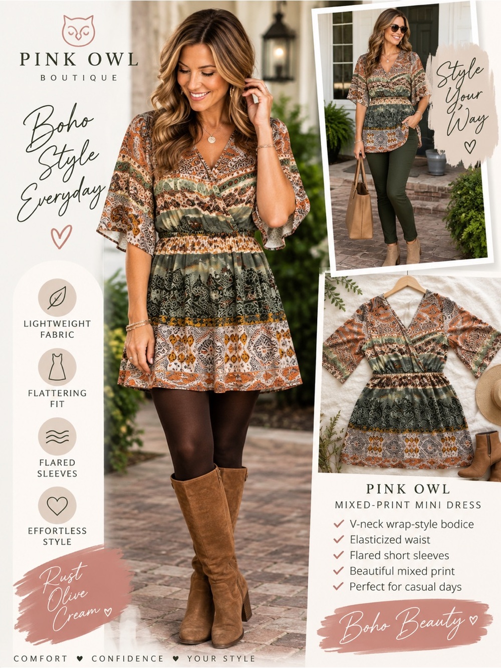 Boutique Pink Owl Boho Mixed-Print Mini Dress in Rust, Olive & Cream